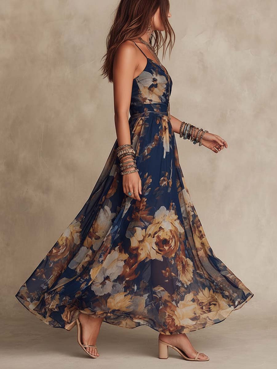 Adriana | Navy Chiffon Floral Maxi Dress With Thin Straps