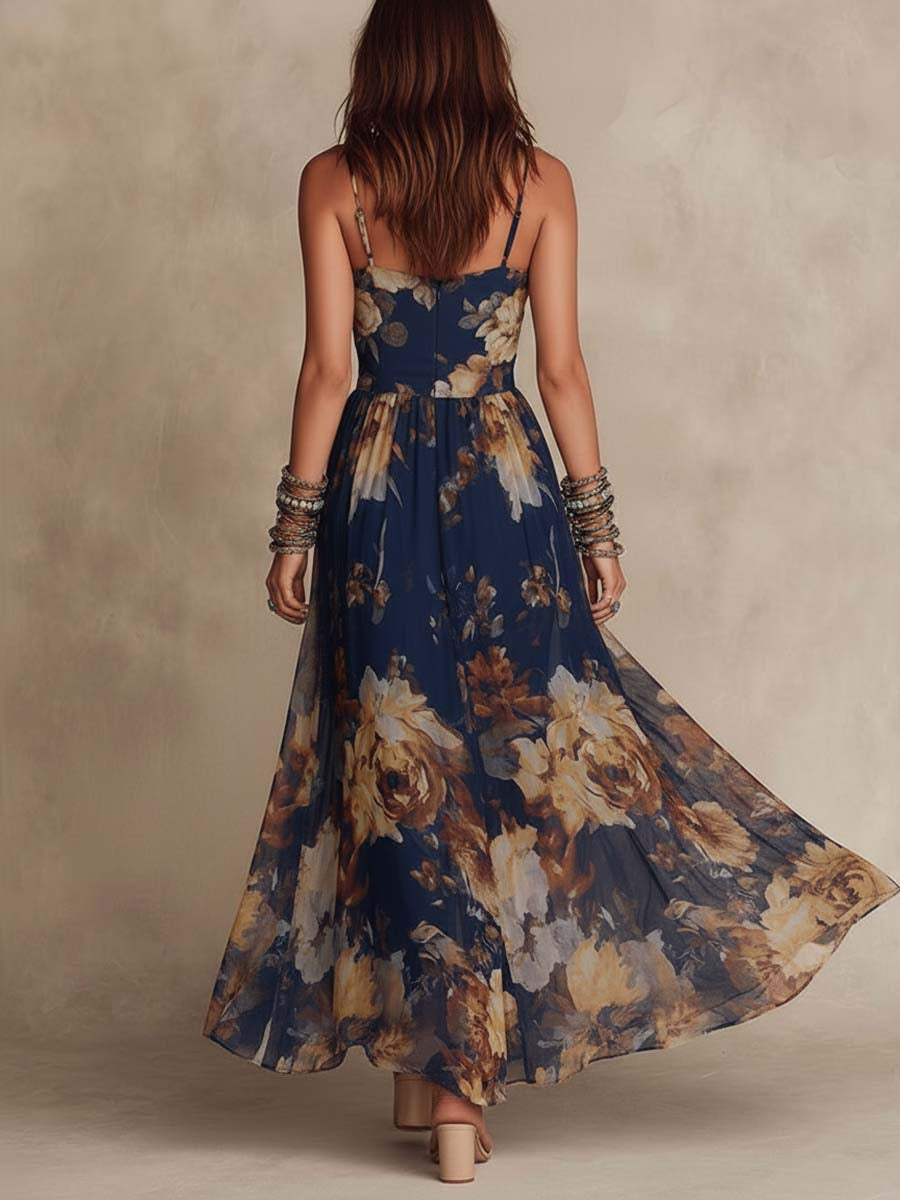Adriana | Navy Chiffon Floral Maxi Dress With Thin Straps