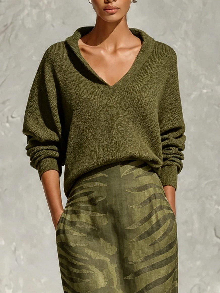 Livia | Olive Knit Top & Zebra Print Midi Skirt Set