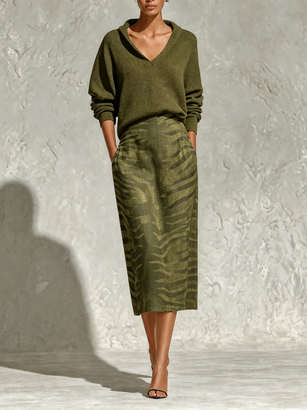 Livia | Olive Knit Top & Zebra Print Midi Skirt Set