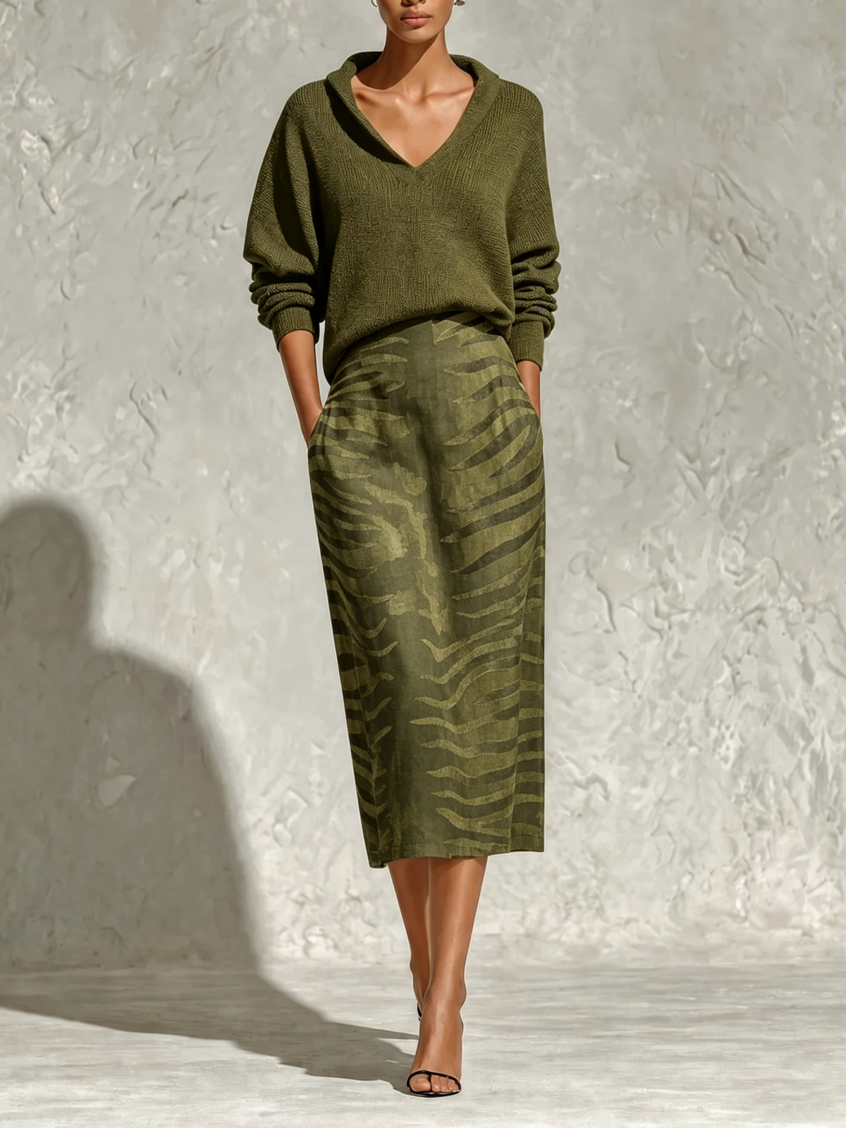 Livia | Olive Knit Top & Zebra Print Midi Skirt Set