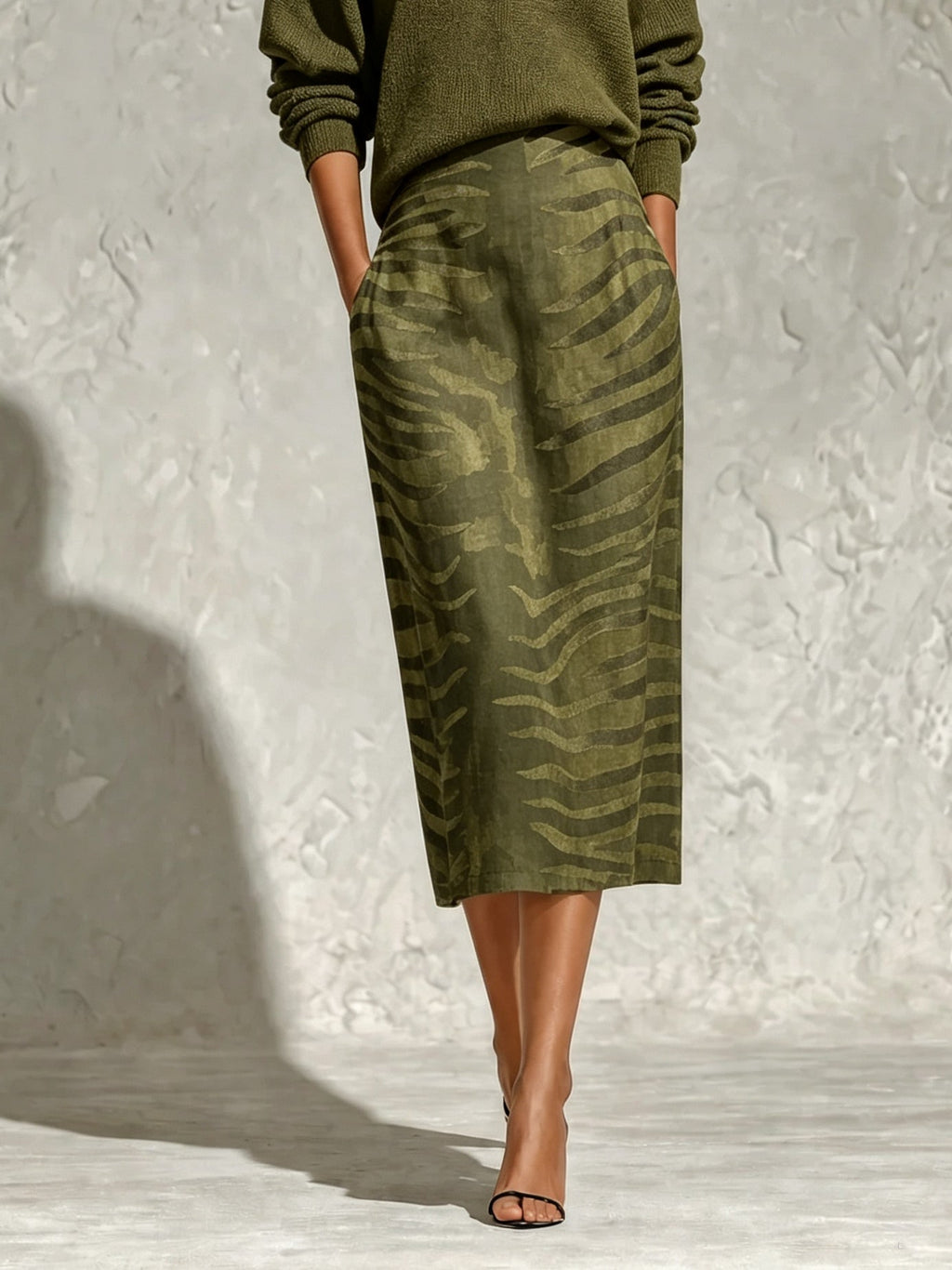 Livia | Olive Knit Top & Zebra Print Midi Skirt Set