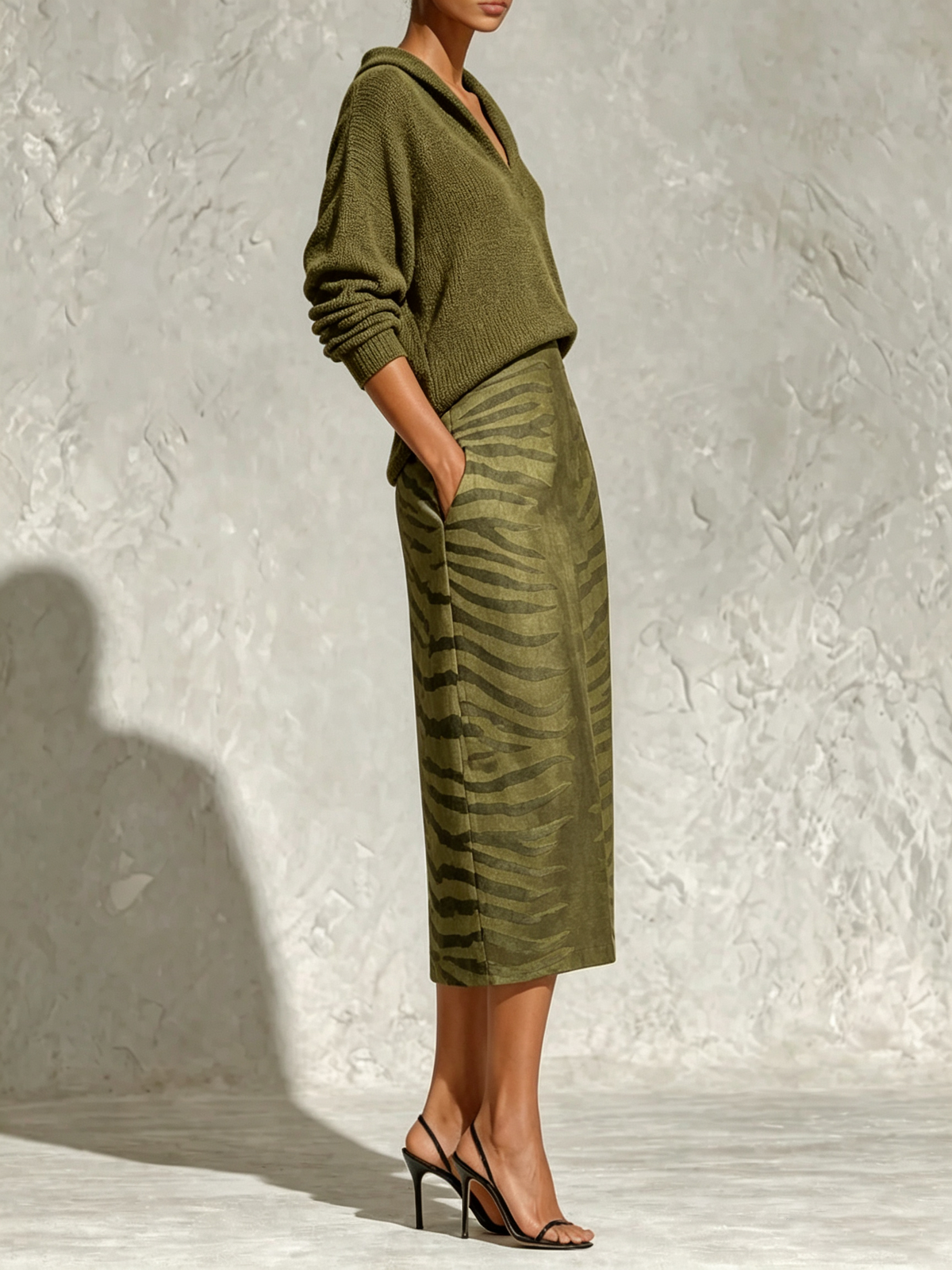 Livia | Olive Knit Top & Zebra Print Midi Skirt Set