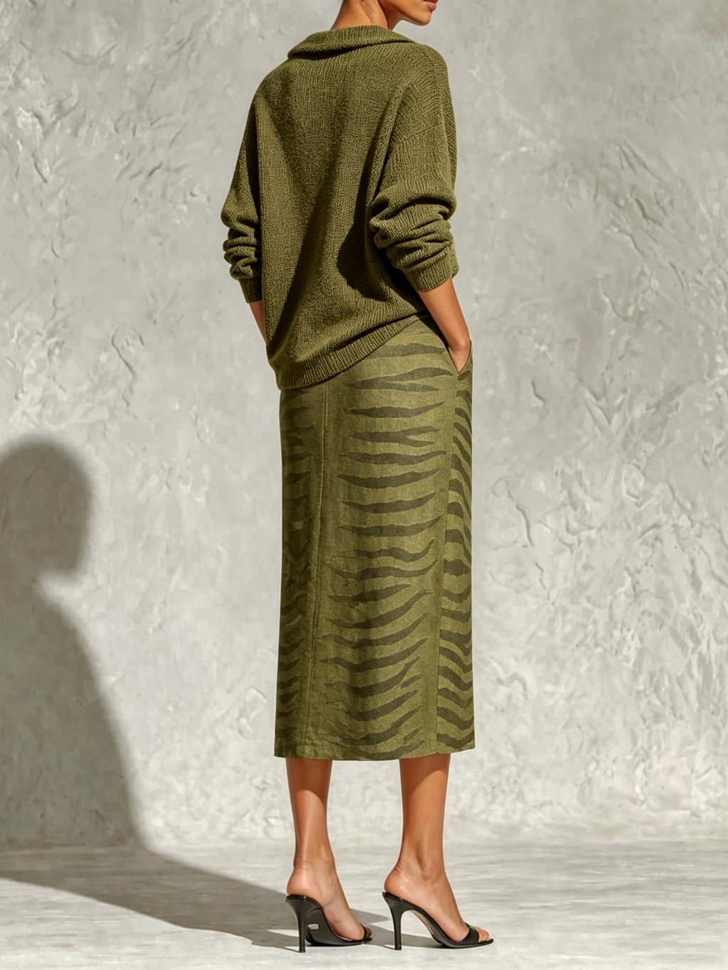 Livia | Olive Knit Top & Zebra Print Midi Skirt Set