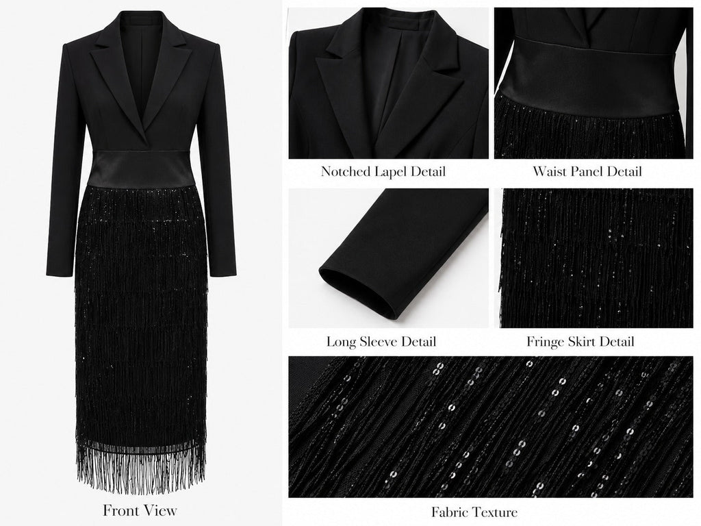 Jenny | Blazer-Bodice Midi Dress With Sequin Fringe Skirt