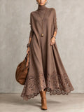 Gisela | Camel Turtleneck Maxi Dress With Floral Lace Hem