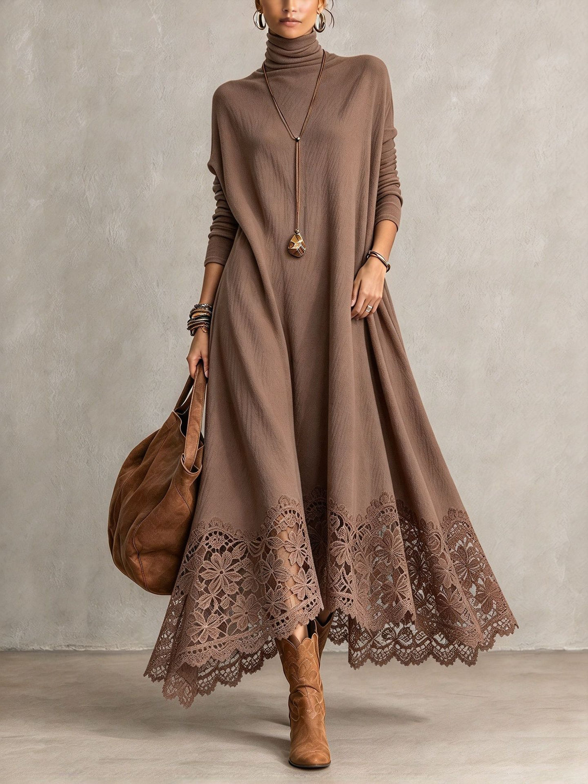 Gisela | Camel Turtleneck Maxi Dress With Floral Lace Hem