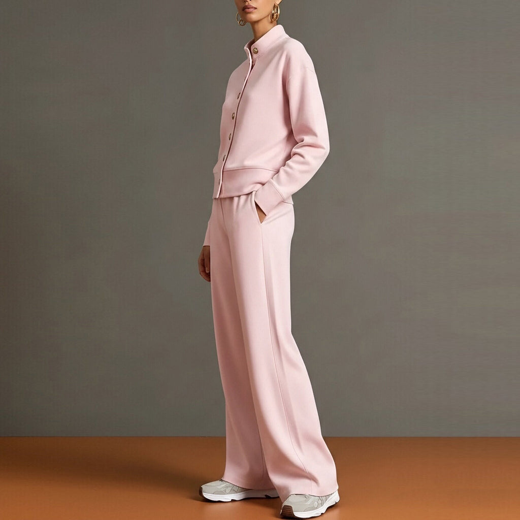 Celine | Knit High-Neck Top & Wide-Leg Pants Set With Gold Buttons
