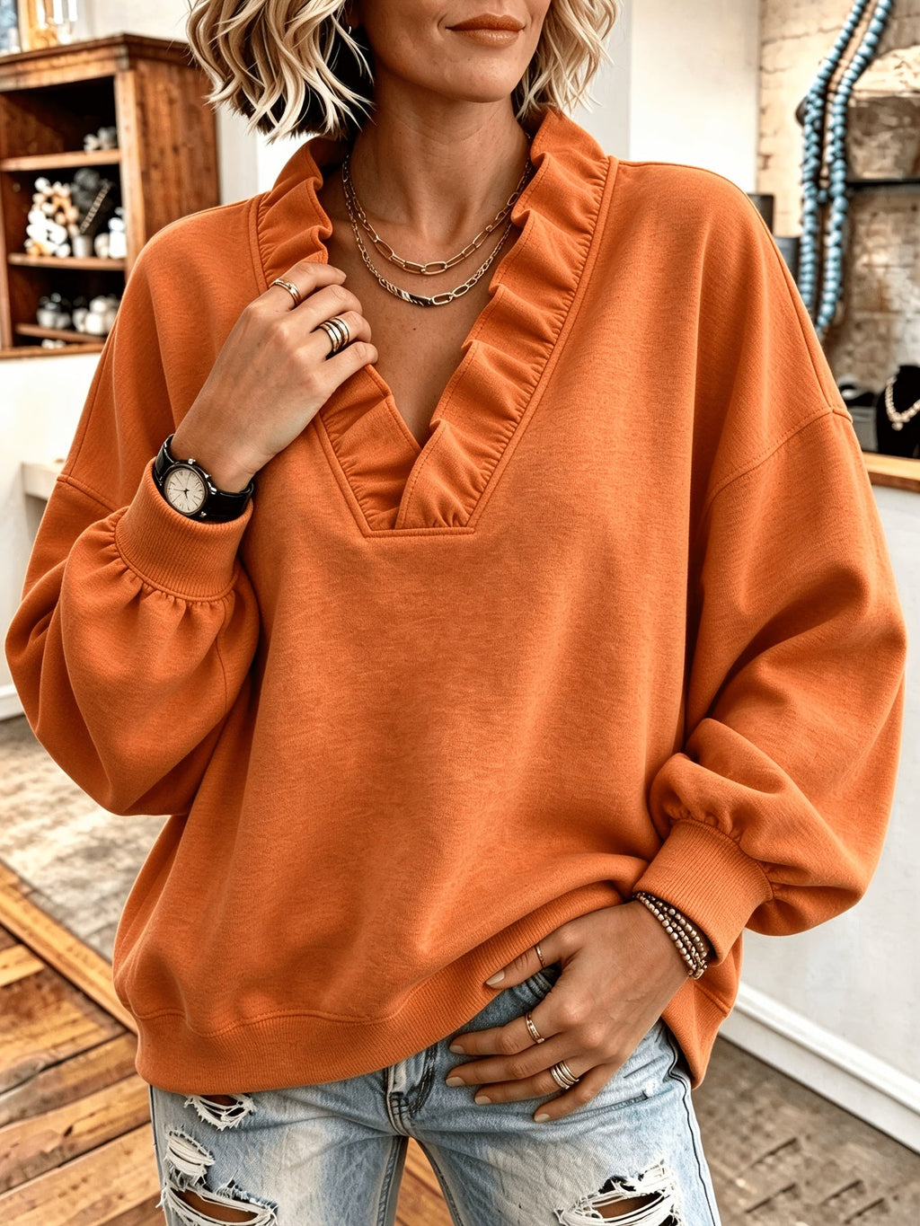 Roselyn | Ruffle V-Neck Sweatshirt