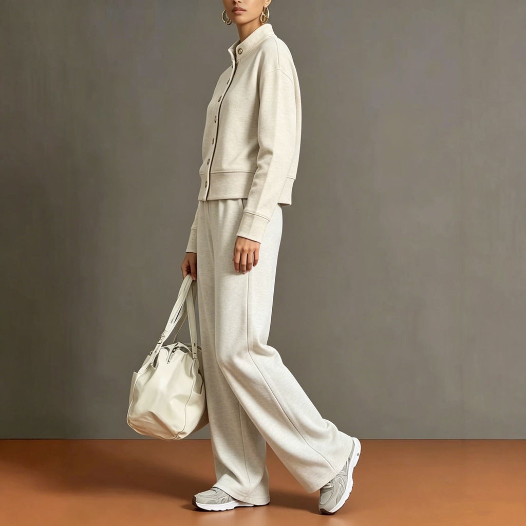 Celine | Knit High-Neck Top & Wide-Leg Pants Set With Gold Buttons