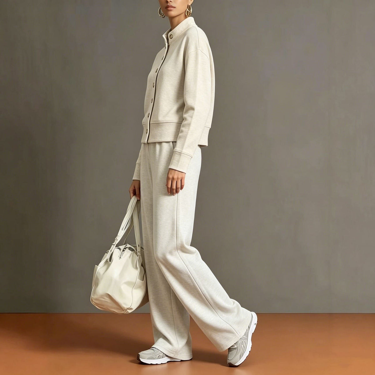 Celine | Knit High-Neck Top & Wide-Leg Pants Set With Gold Buttons