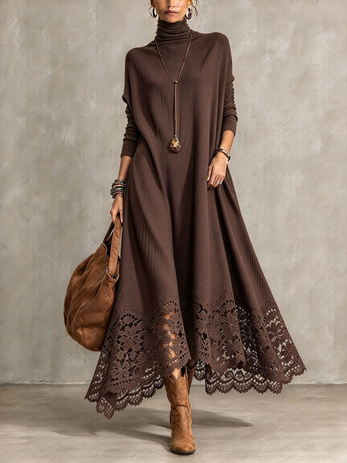 Fenella | Brown Turtleneck Maxi Dress With Floral Lace Hem