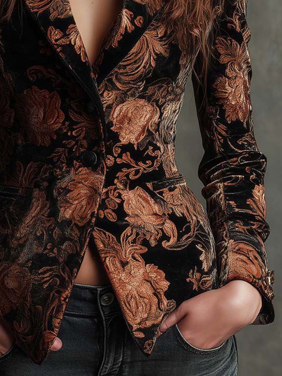 Janine | Black And Bronze Floral Print Tailored Blazer