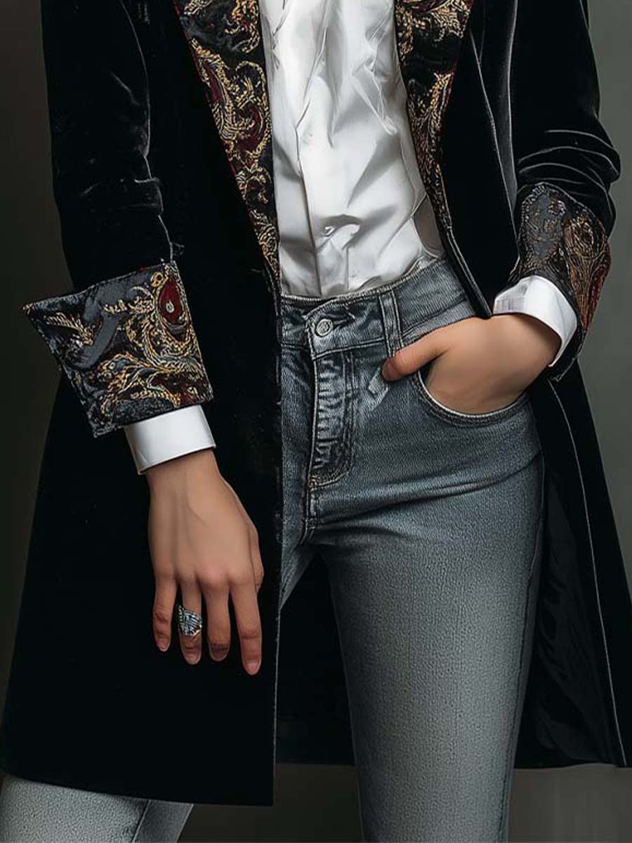 Franny | Black Baroque Print Lapel Slim Fit Blazer