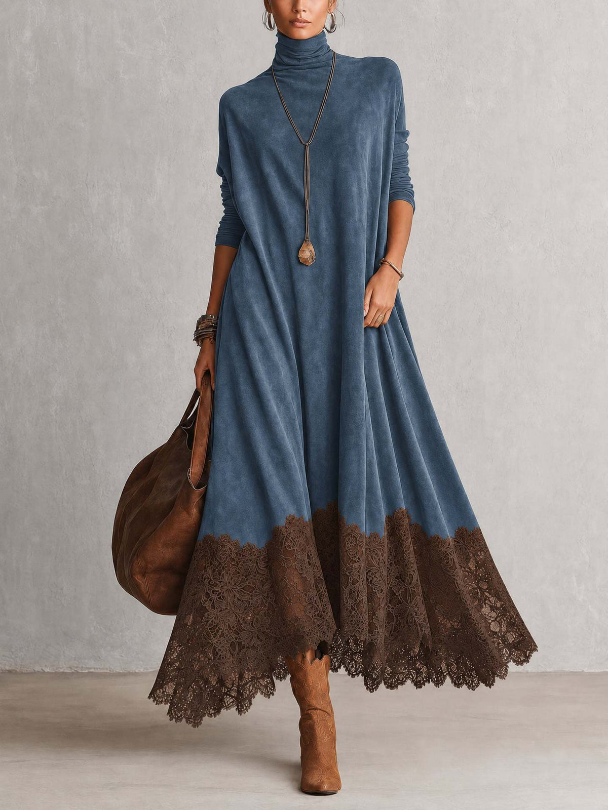 Cosima | Blue Turtleneck Maxi Dress With Brown Lace Hem