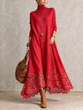Isaura | Red Turtleneck Maxi Dress With Floral Lace Hem