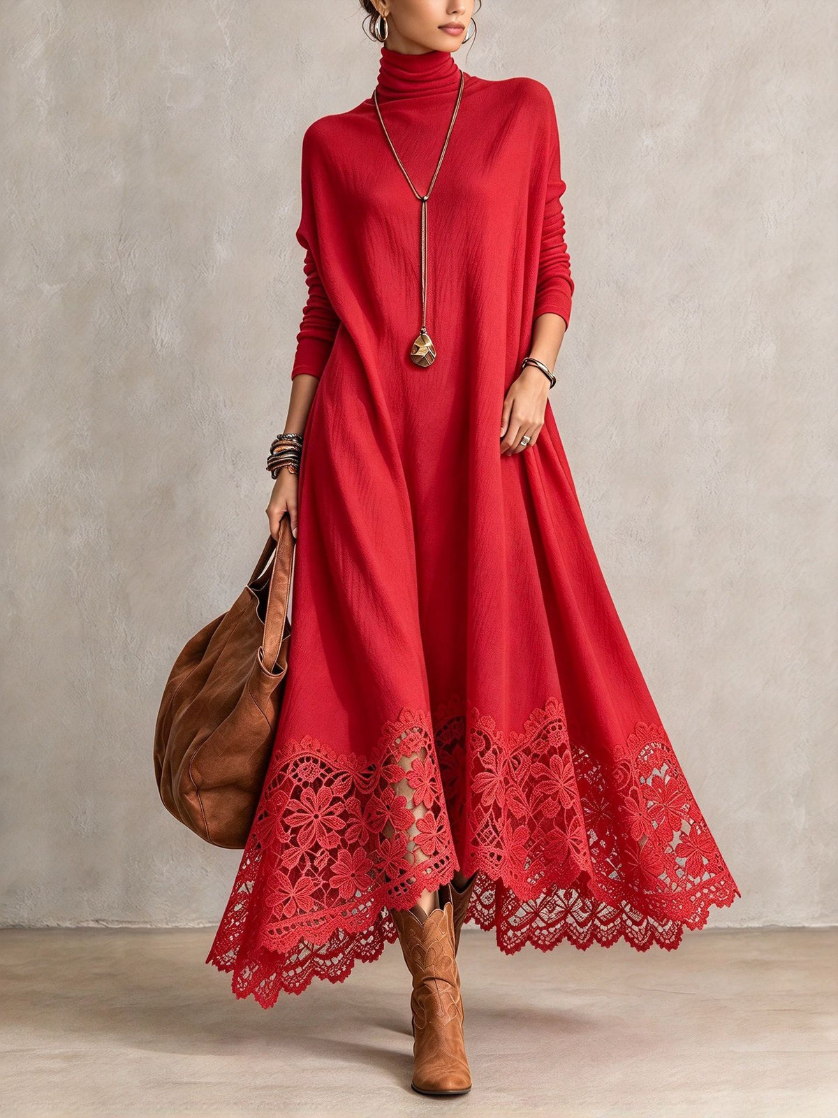 Isaura | Red Turtleneck Maxi Dress With Floral Lace Hem