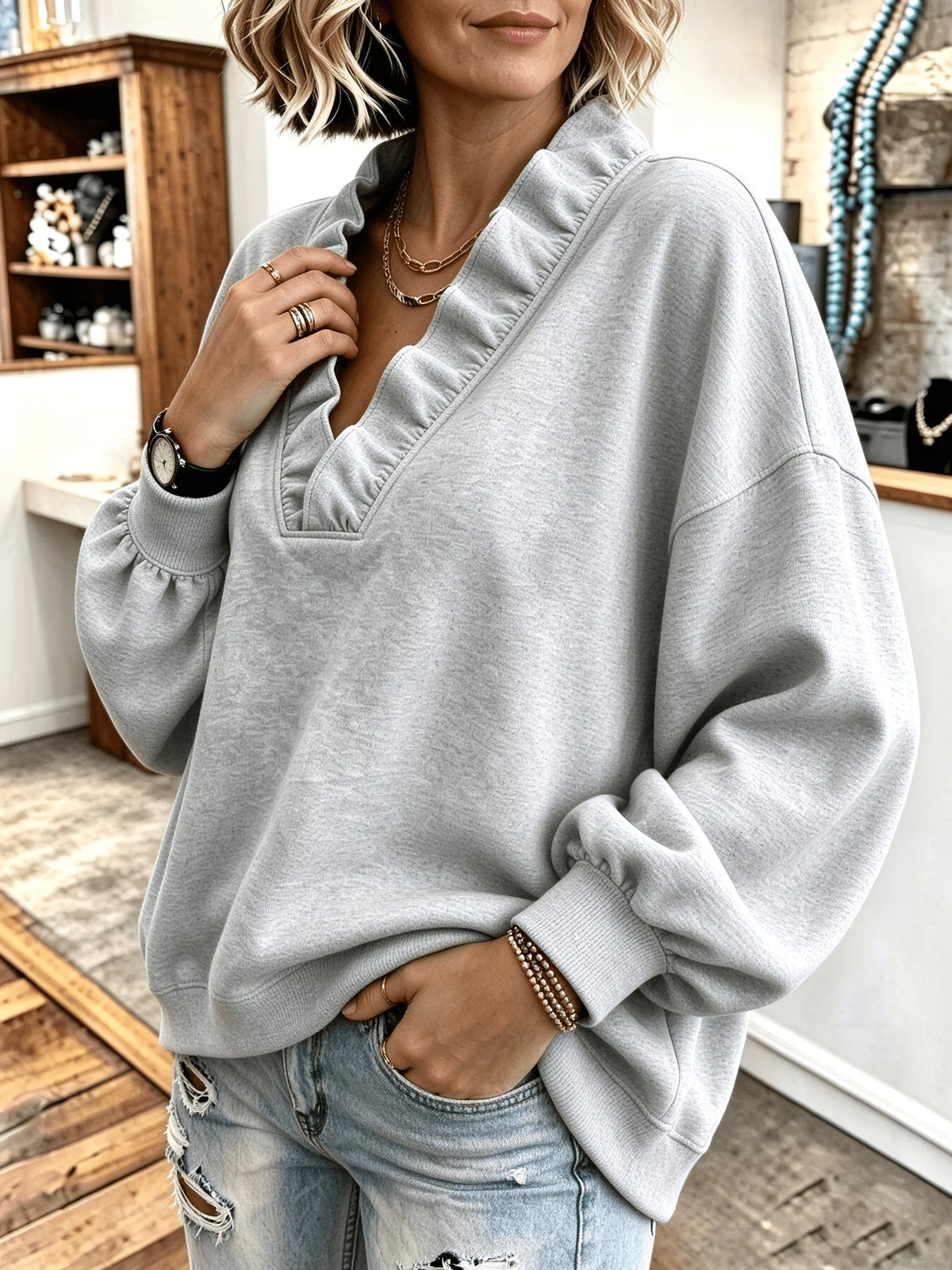 Roselyn | Ruffle V-Neck Sweatshirt
