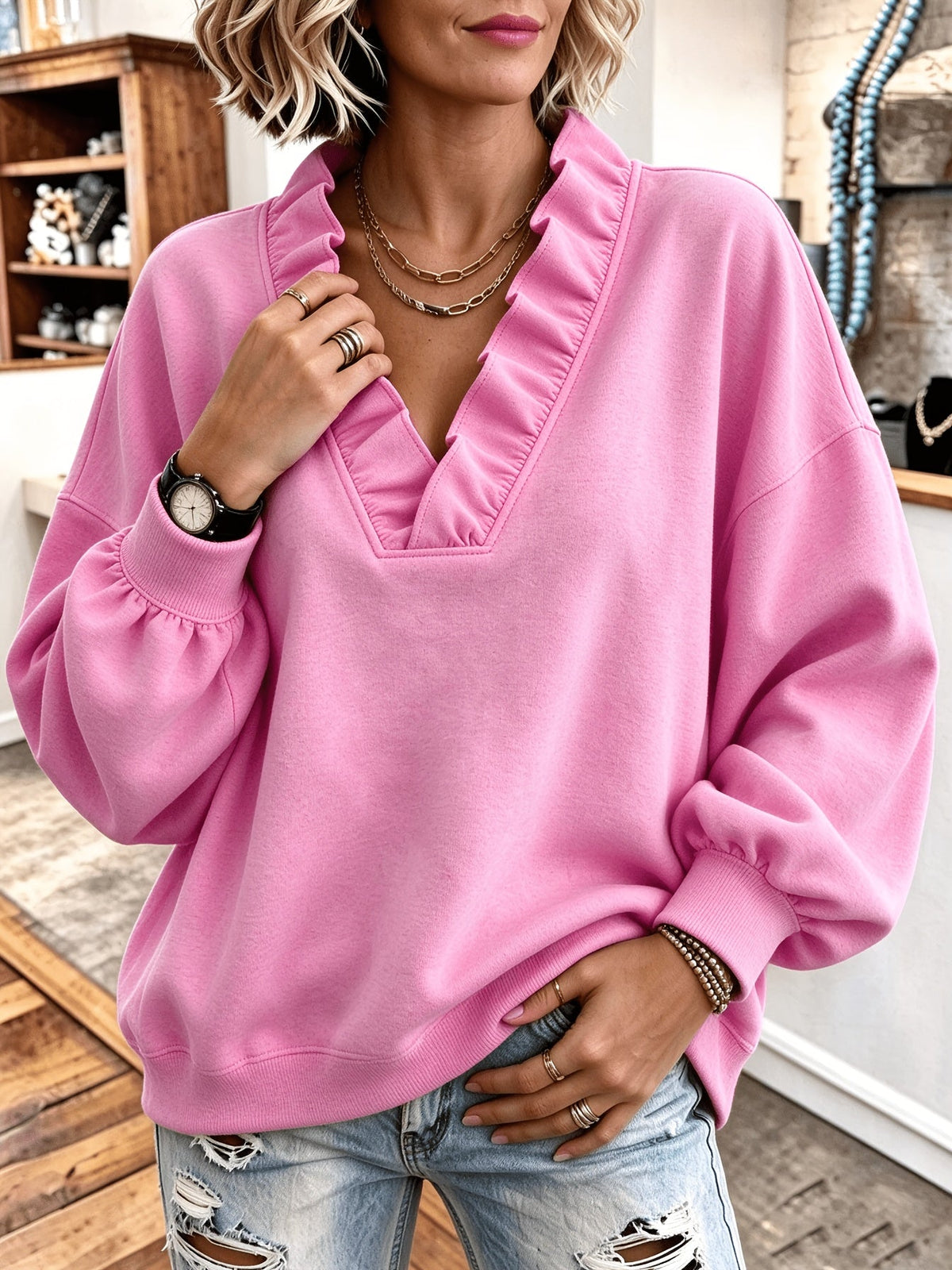 Roselyn | Ruffle V-Neck Sweatshirt