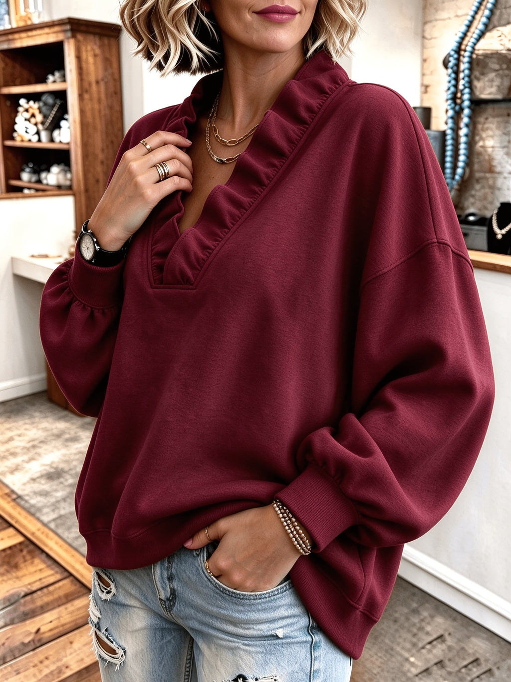 Roselyn | Ruffle V-Neck Sweatshirt