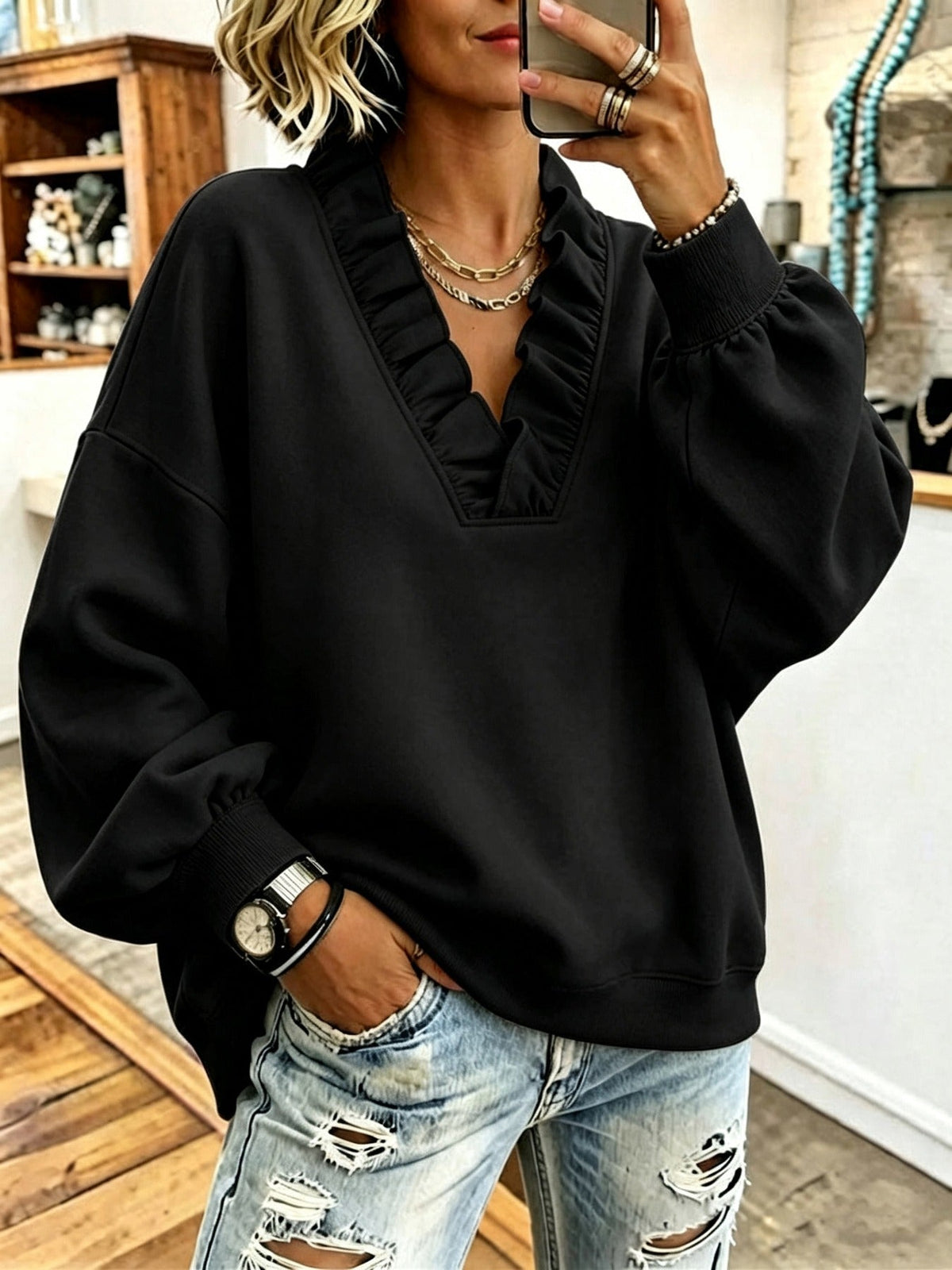 Roselyn | Ruffle V-Neck Sweatshirt
