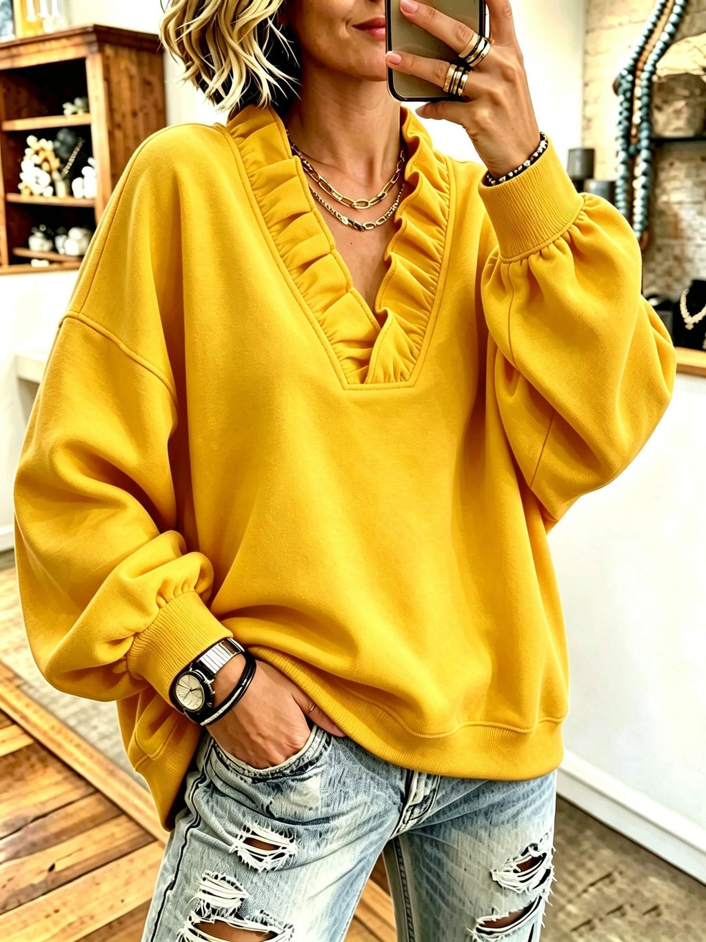 Roselyn | Ruffle V-Neck Sweatshirt