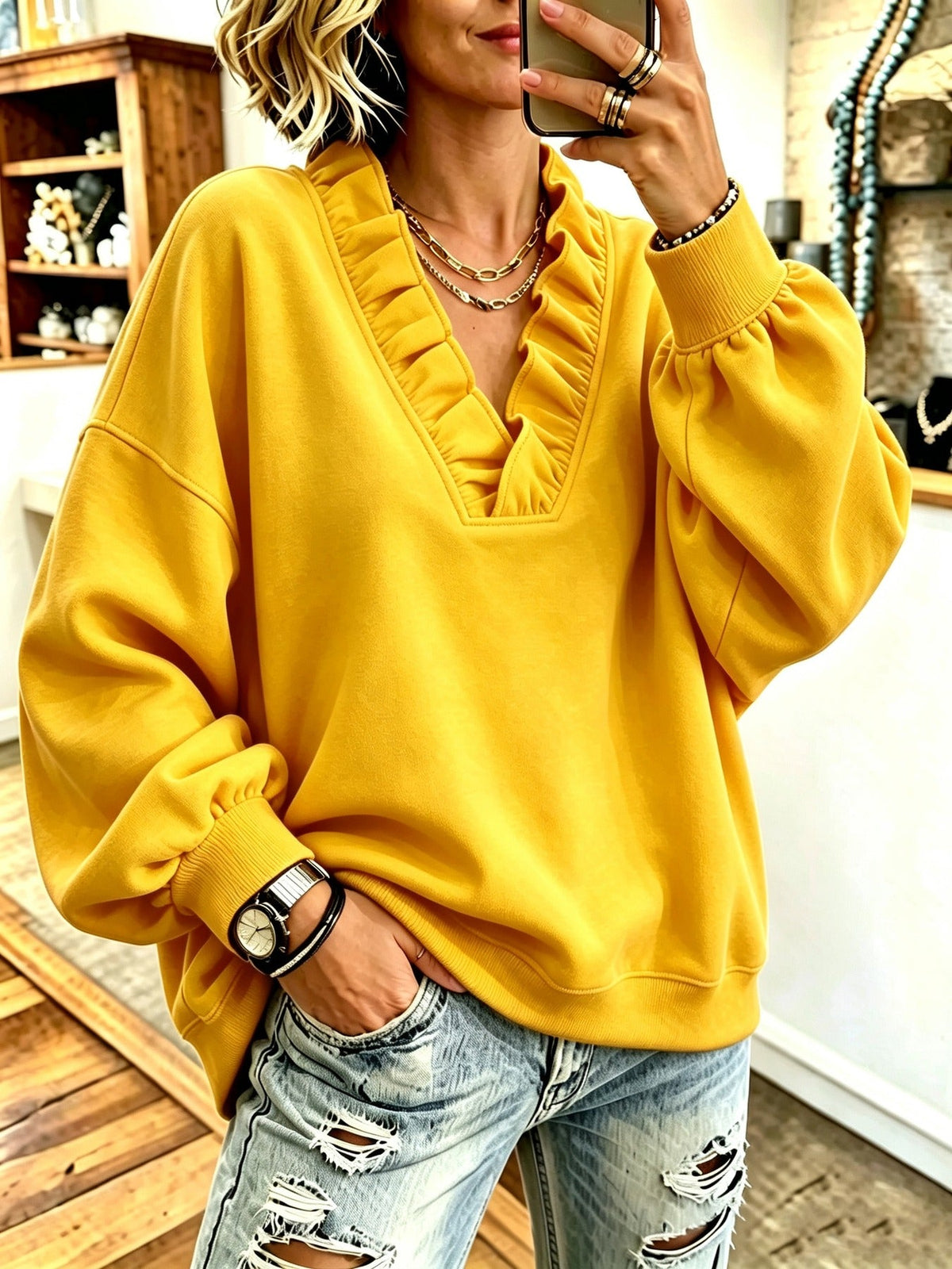 Roselyn | Ruffle V-Neck Sweatshirt