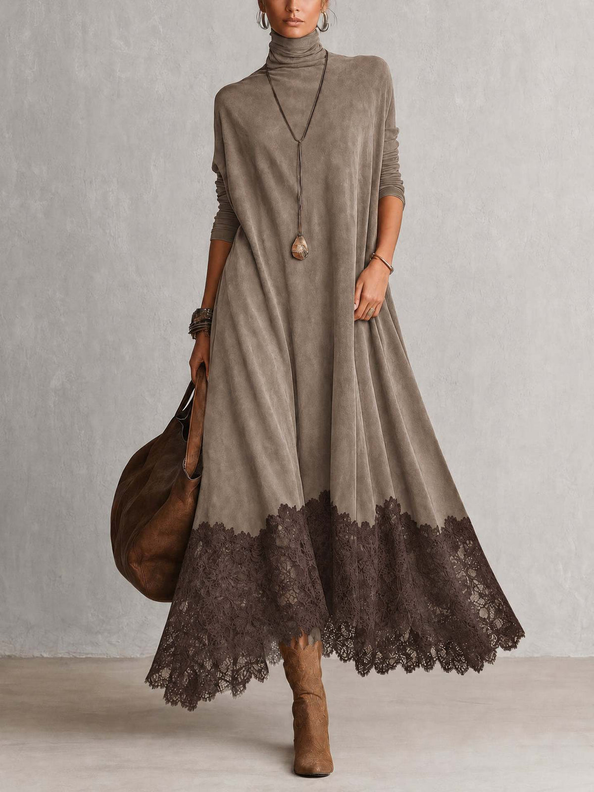 Helvia | Taupe Turtleneck Maxi Dress With Dark Brown Lace Hem