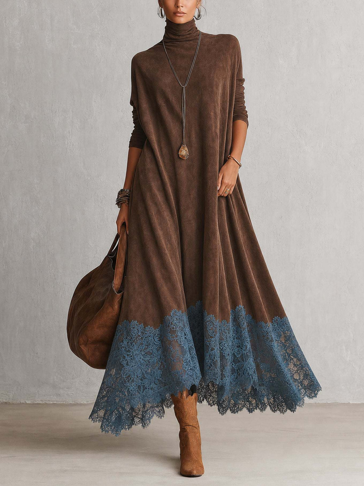 Oriana | Brown Turtleneck Maxi Dress With Blue Lace Hem