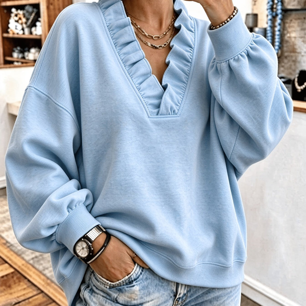 Roselyn | Ruffle V-Neck Sweatshirt