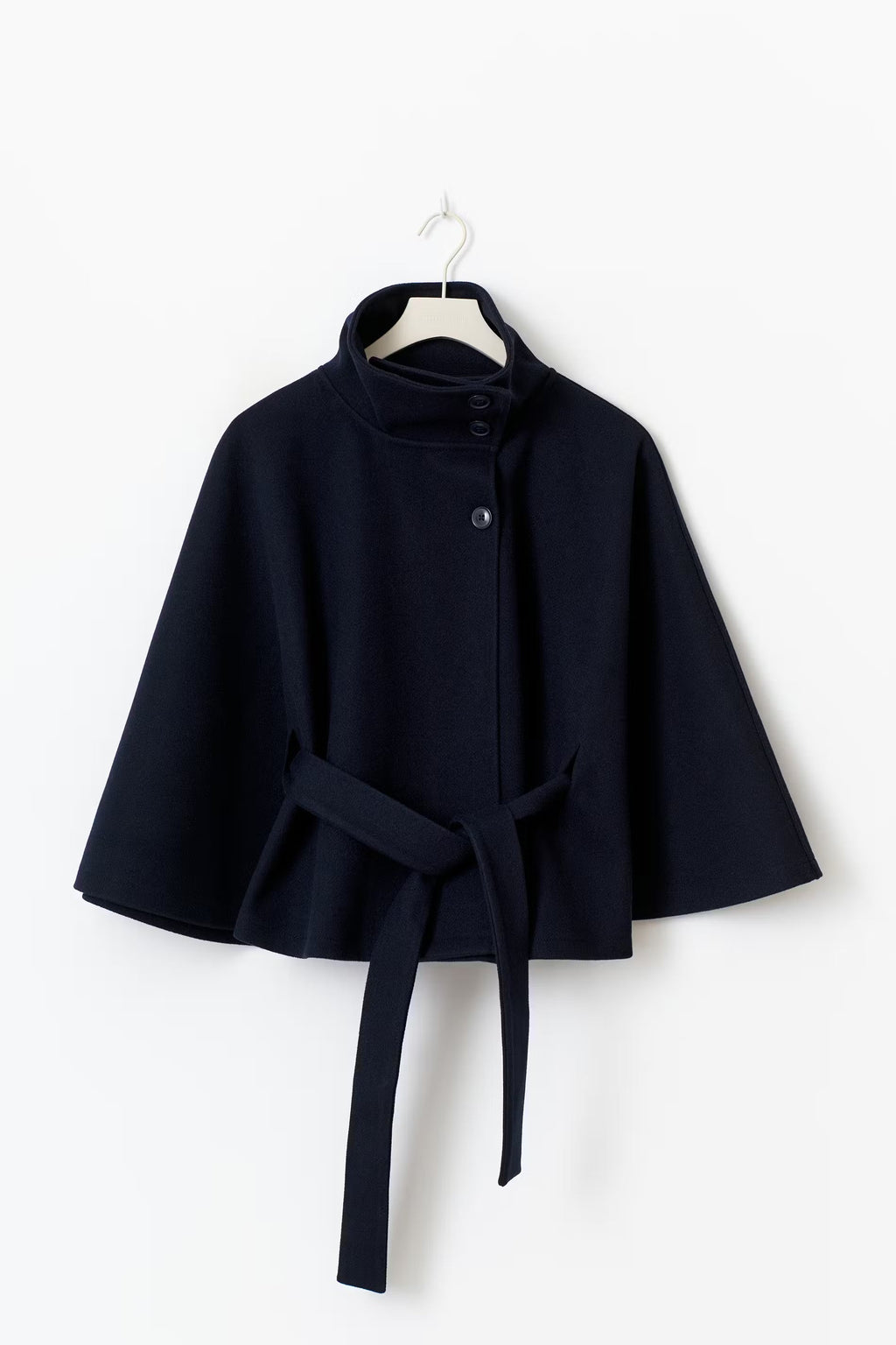 Nuvena | Wool Cape With High Neck & Belt