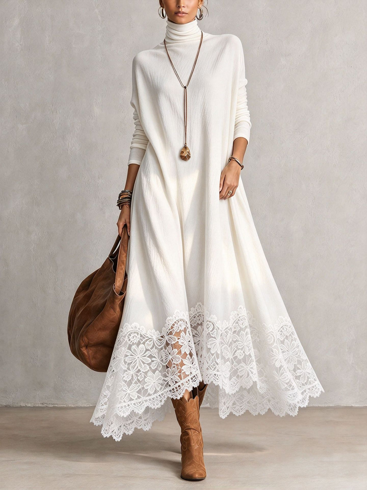 Jolenta | White Turtleneck Maxi Dress With Floral Lace Hem