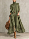 Delphine | Olive Turtleneck Maxi Dress With Floral Lace Hem