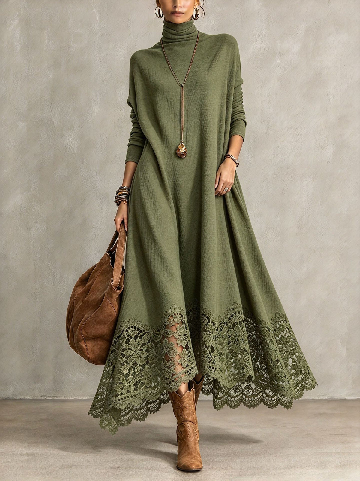 Delphine | Olive Turtleneck Maxi Dress With Floral Lace Hem