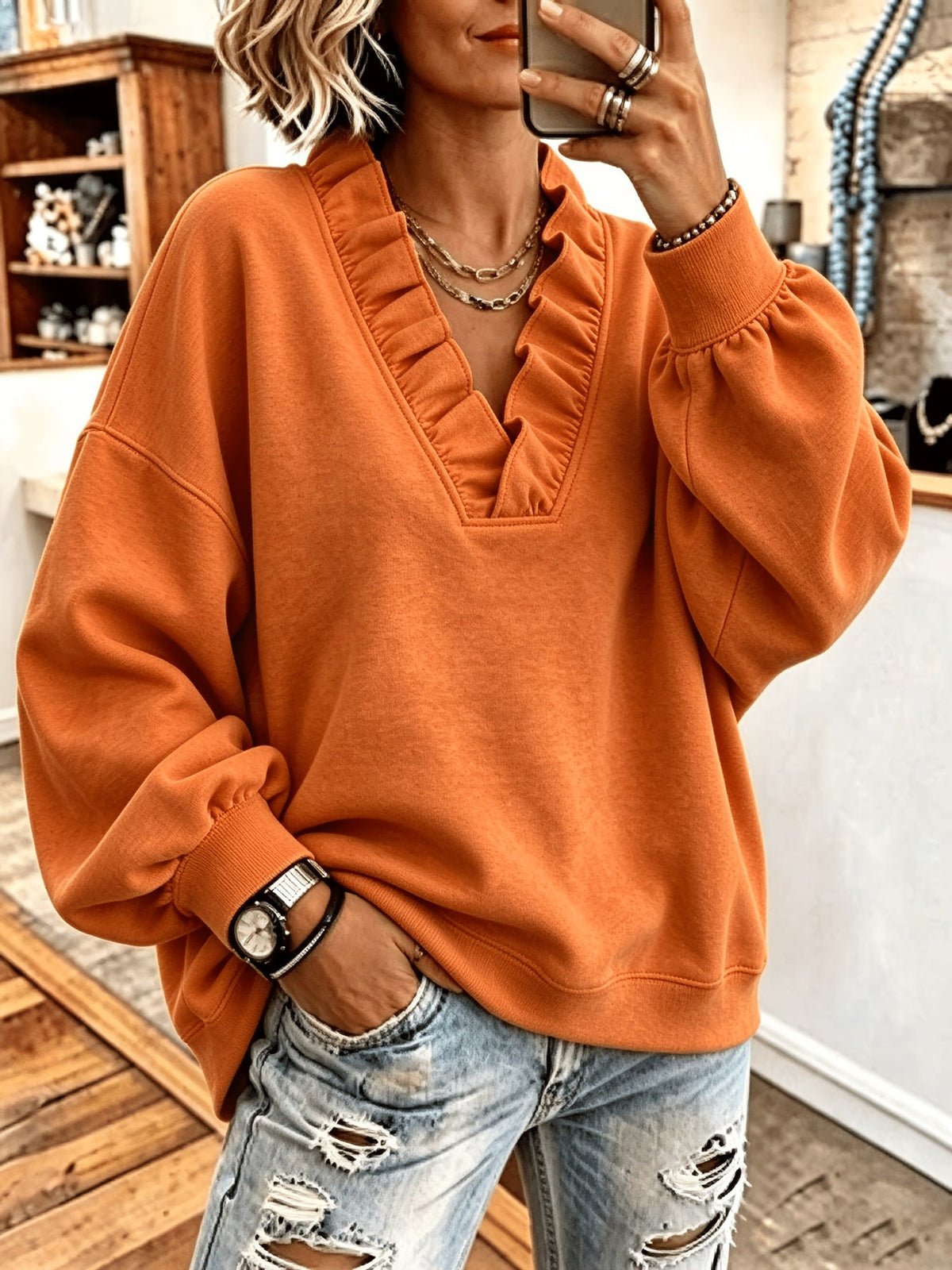 Roselyn | Ruffle V-Neck Sweatshirt