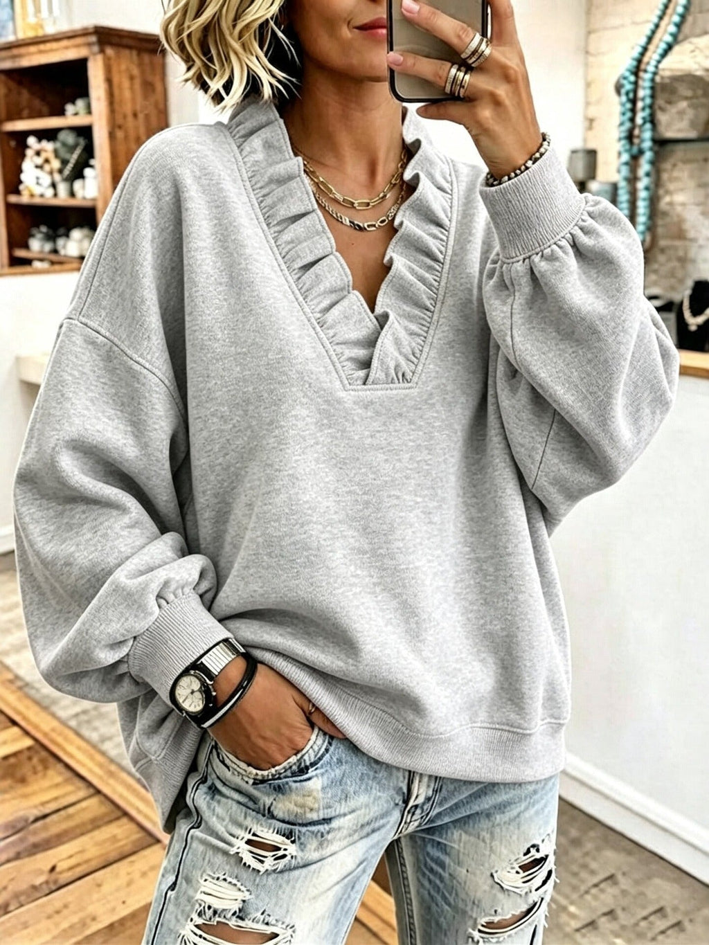 Roselyn | Ruffle V-Neck Sweatshirt