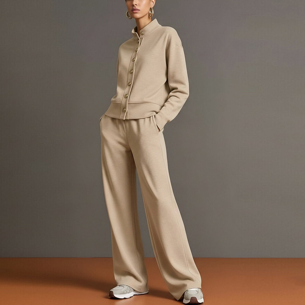 Celine | Knit High-Neck Top & Wide-Leg Pants Set With Gold Buttons