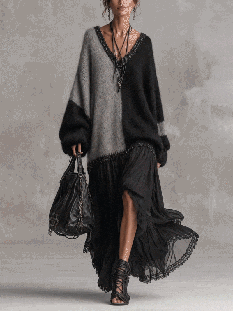 Celia | Oversized Knit & Chiffon Patchwork Maxi Dress