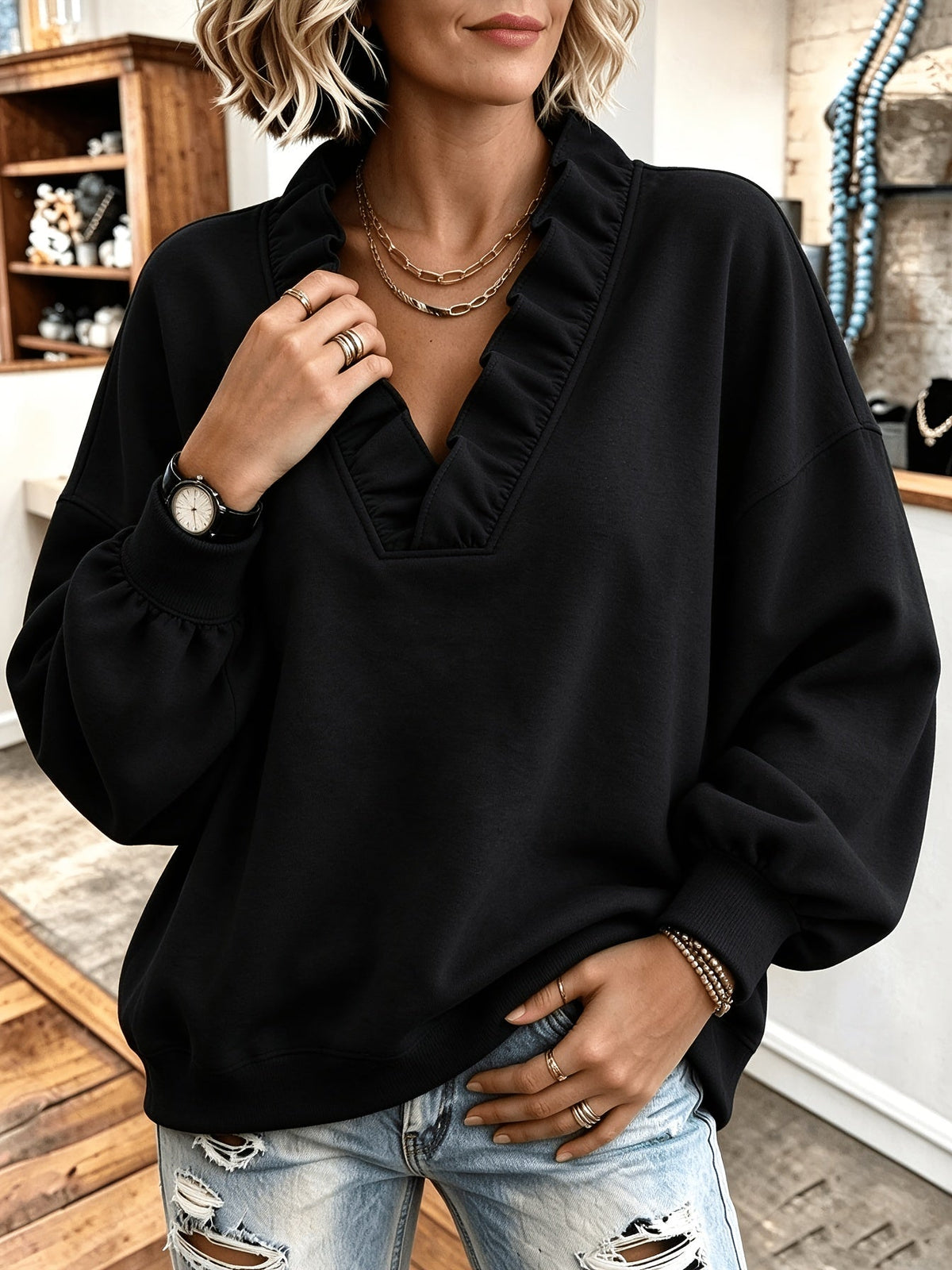 Roselyn | Ruffle V-Neck Sweatshirt