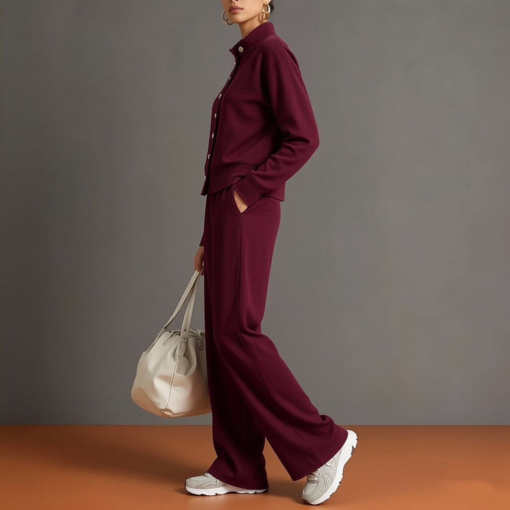 Celine | Knit High-Neck Top & Wide-Leg Pants Set With Gold Buttons