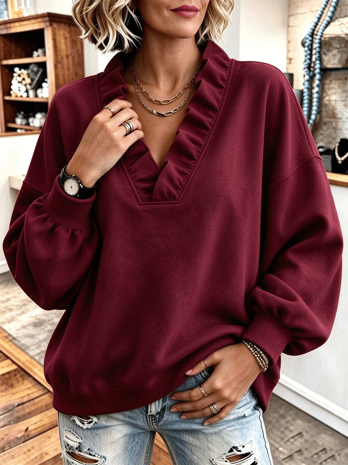 Roselyn | Ruffle V-Neck Sweatshirt