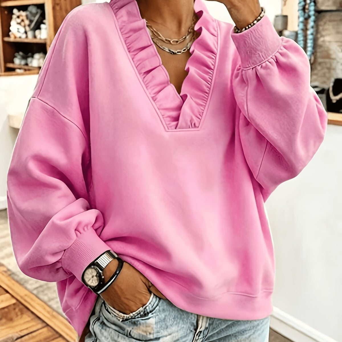 Roselyn | Ruffle V-Neck Sweatshirt