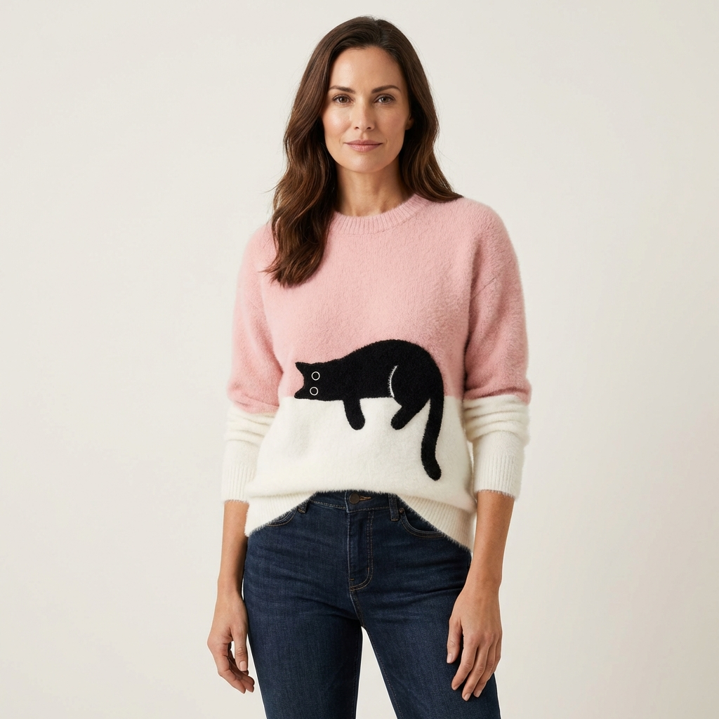 Jill | Color-Block Cat Crewneck Sweater