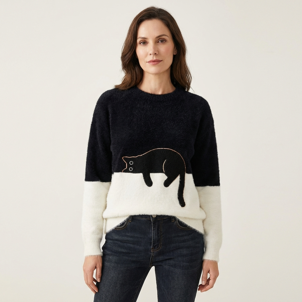 Jill | Color-Block Cat Crewneck Sweater