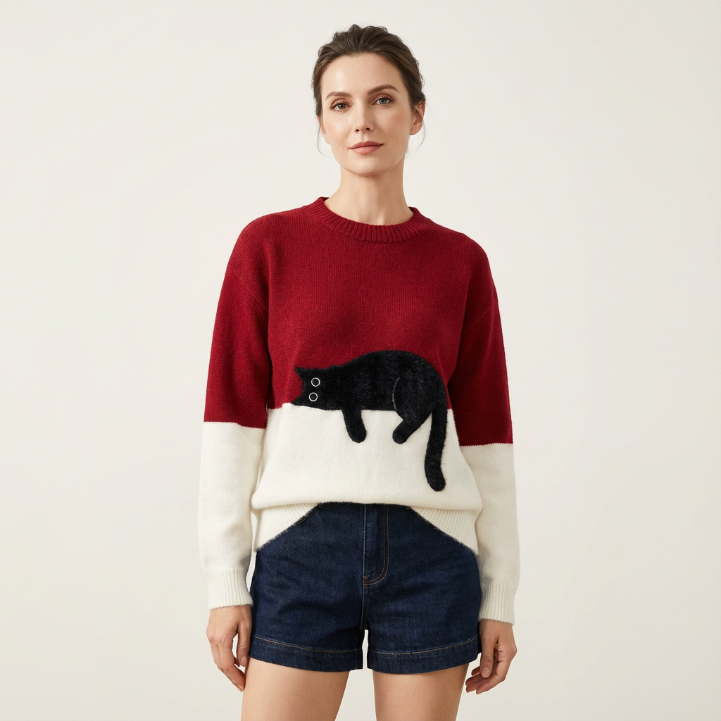 Jill | Color-Block Cat Crewneck Sweater