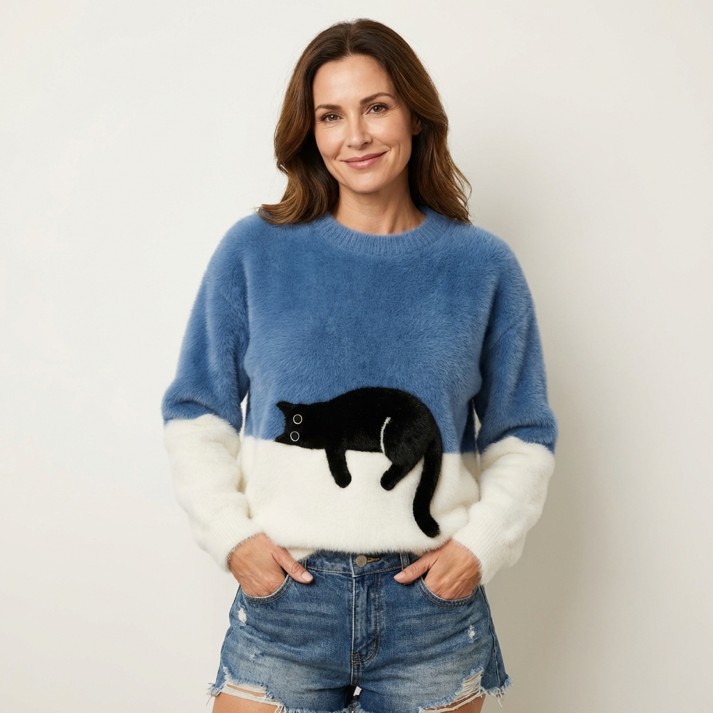 Jill | Color-Block Cat Crewneck Sweater