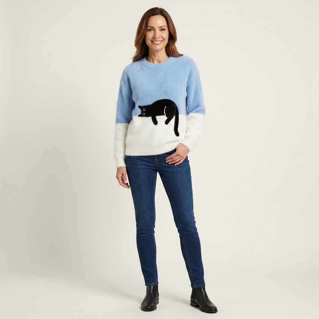 Jill | Color-Block Cat Crewneck Sweater
