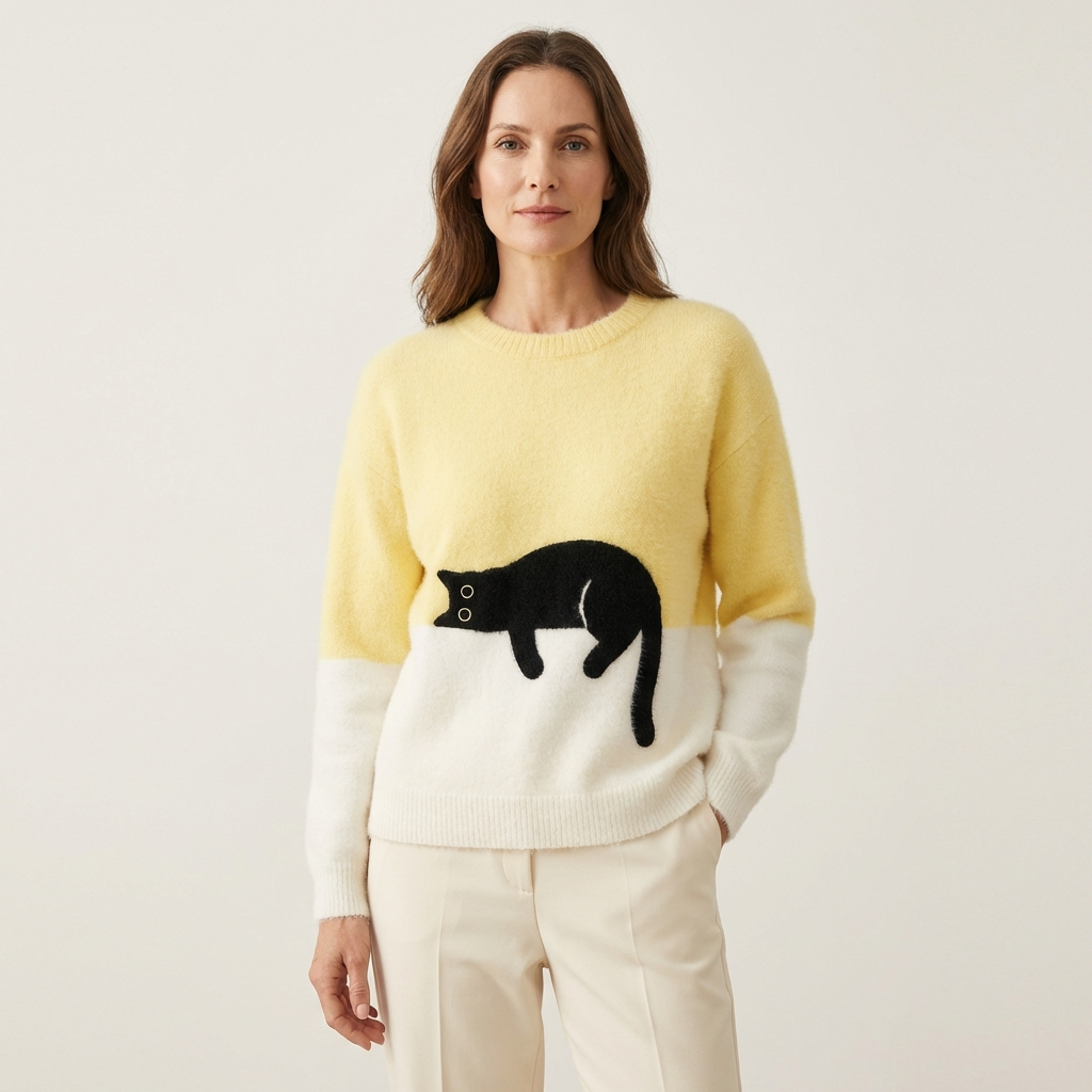 Jill | Color-Block Cat Crewneck Sweater