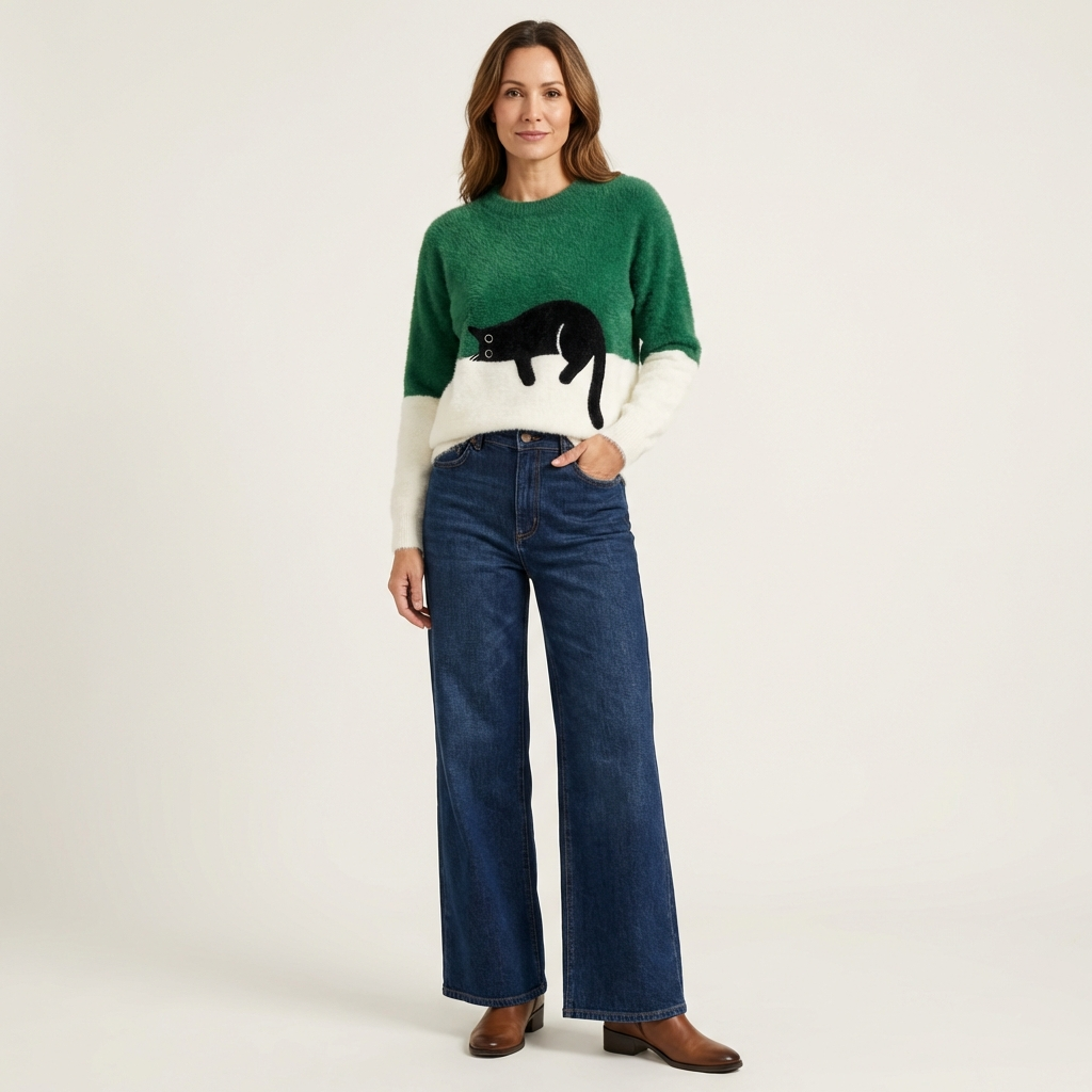 Jill | Color-Block Cat Crewneck Sweater