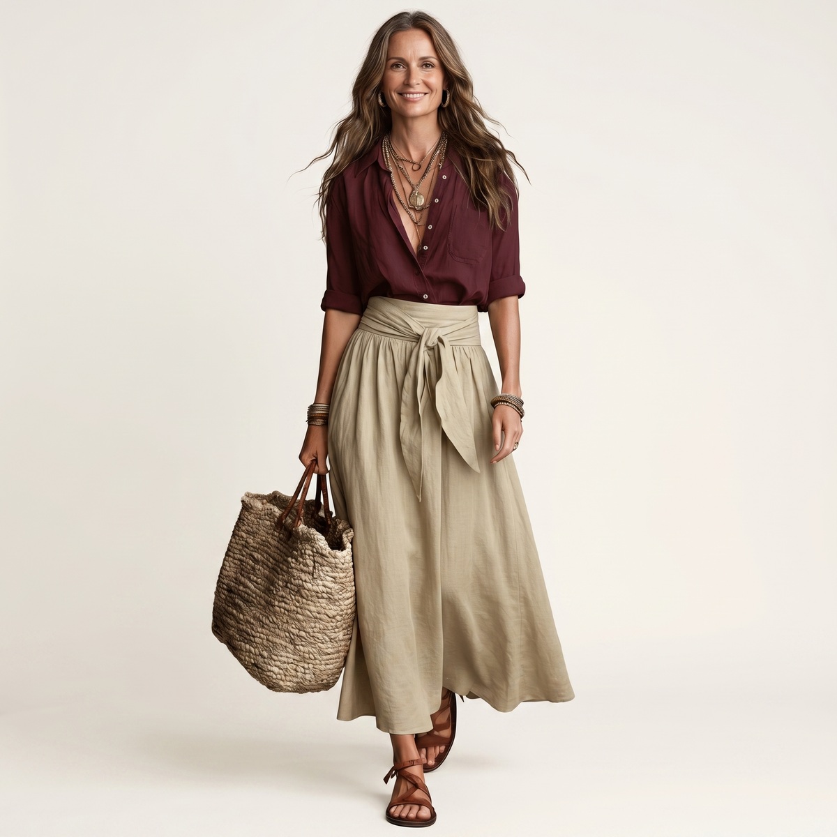 Hannah | Button-Down Shirt & Self-Tie Maxi Skirt Two-Piece Set